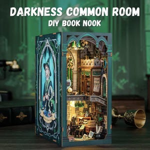 May include: A DIY book nook titled "Darkness Common Room." The miniature scene is a detailed, multi-level interior with intricate architectural details, including arched windows and bookshelves. The color palette includes greens, browns, and touches of gold, creating a magical atmosphere. The book nook is designed to be placed on a bookshelf.