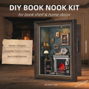 Peut inclure: Kit de coin de livre DIY sur le thème de la cheminée. La scène miniature comprend une cheminée, des œuvres d'art et un chat. Le kit mesure 18,3 cm de large, 8,76 cm de profondeur et 23 cm de haut. Le temps d'assemblage est de 2 à 3 heures.