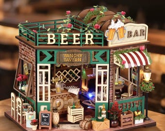 Wooden Tavern Book Nook Kit | DIY 3D Mini Bar Puzzle Craft | Rustic Pub Shelf Insert – Handmade Assembly Set & Warm Light Bookend Gift