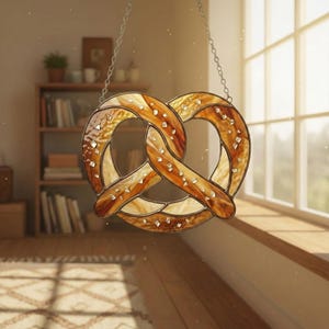 Può includere: Pretzel in vetro colorato nei toni del marrone e beige, sospeso da una catena d'argento. Il design del pretzel ha un aspetto strutturato con piccoli pezzi di vetro trasparente. Lo sfondo mostra un telaio di finestra in legno e una libreria.