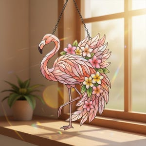 May include: A stained glass flamingo suncatcher with pink, white, and yellow flowers. The flamingo is pink with a black beak and is hanging from a chain. The suncatcher is displayed near a window.