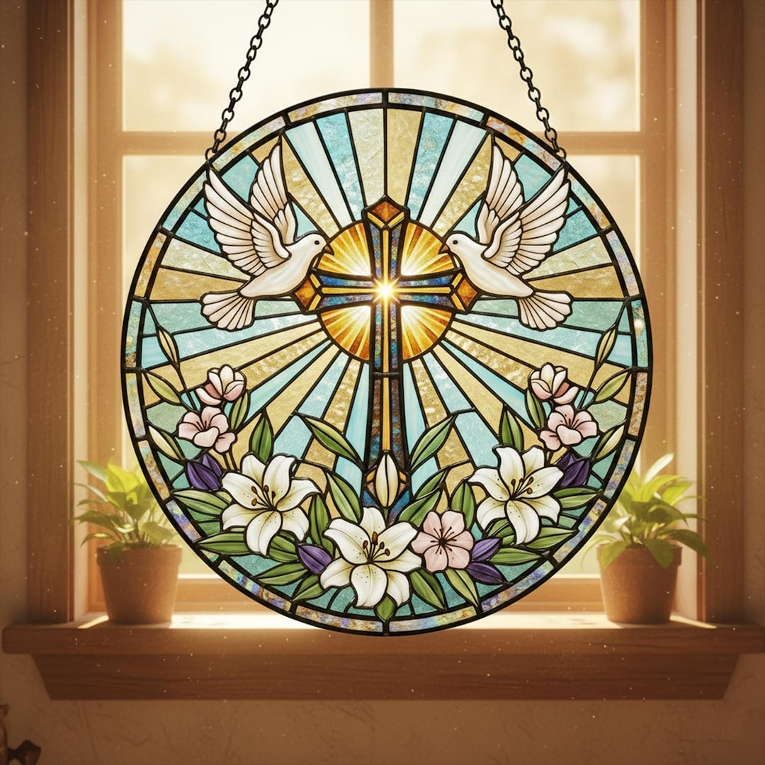 Christian Cross Dove Acrylic Suncatcher, Stained Glass Style Window ...