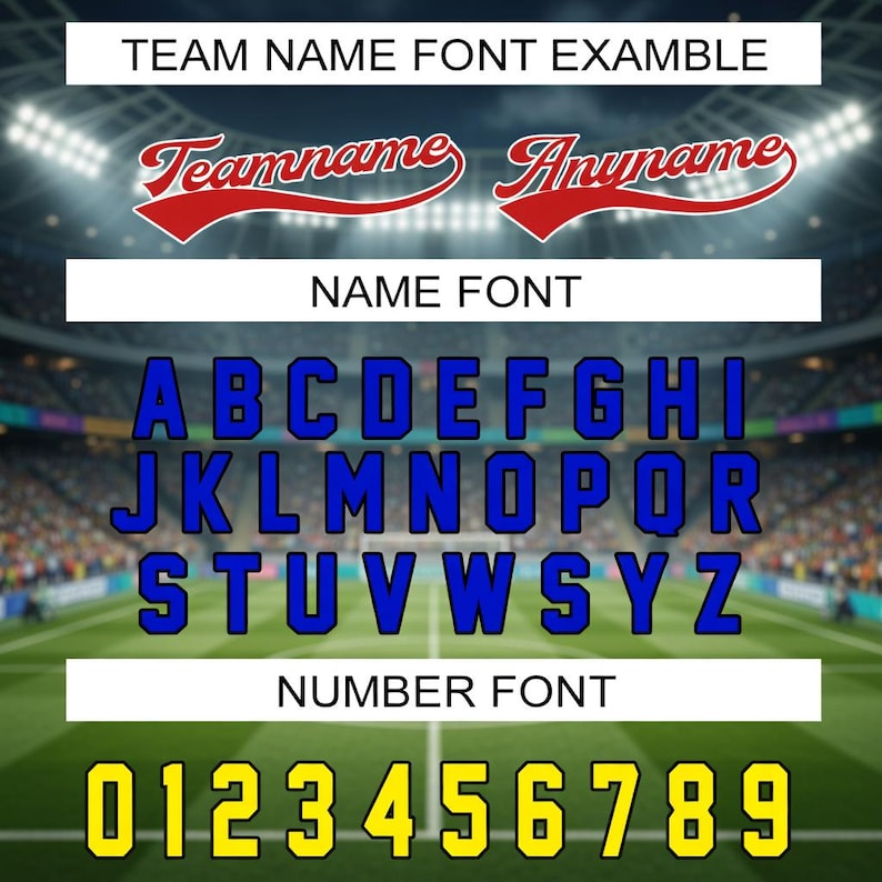 K&ouml;nnte beinhalten: Bild mit Beispielen f&uuml;r Schriftarten f&uuml;r Teamnamen und Nummern. Enth&auml;lt rote Schrift-Teamnamen, blaue Blockbuchstaben und gelbe Zahlen mit schwarzer Umrandung. Der Hintergrund zeigt ein Stadion mit Rasen.