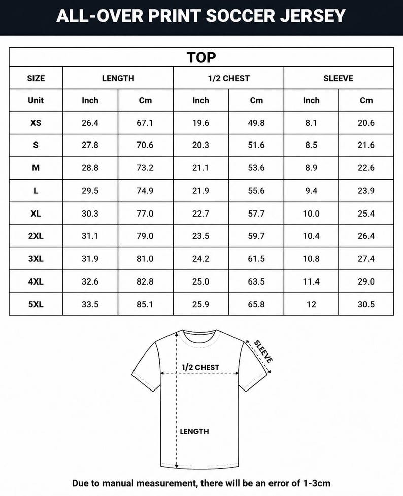 K&ouml;nnte beinhalten: Eine Gr&ouml;&szlig;entabelle f&uuml;r ein Fu&szlig;balltrikot mit Allover-Druck. Die Tabelle zeigt Gr&ouml;&szlig;en von XS bis 5XL mit Ma&szlig;en in Zoll und Zentimetern f&uuml;r L&auml;nge, halbe Brust und &Auml;rmel. Der Text oben lautet "ALL-OVER PRINT SOCCER JERSEY".