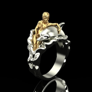 Beautiful Girl and Dolphin Ring Animal Ring, Silver Dolphin Ring, Beach Summer Jewelry Gift, Animal Ring, Dolphin Jewelry , Gift For Lover.