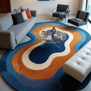 Abstract Wave Rug, Organic Shape Area Rug, Blue and Rust Orange Tufted Carpet,Modern Living Room Decor, Contemporary Handmade Floor Covering