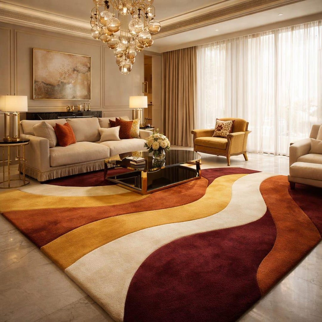 Upscale Rugs Modern Abstract Hand Tufted Wool Rug, Burgundy Rust Mustard Wave Area ...