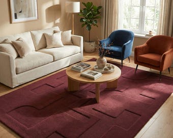 Hand Tufted Wool Rug, Modern Geometric Area Rug, Burgundy Minimalist Carpet, Textured Abstract Rug, Luxury Living Room Rug