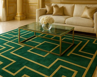 Emerald Green Geometric Wool Rug, Modern Art Deco Area Rug, Hand Tufted Luxury Living Room Carpet, Custom Size Rug