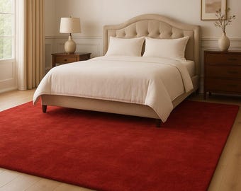 Red Area Rug, Solid Red Wool Rug, Handmade Bedroom Rug, Modern Living Room Carpet, Large Custom Size Rug, Minimalist Home Decor
