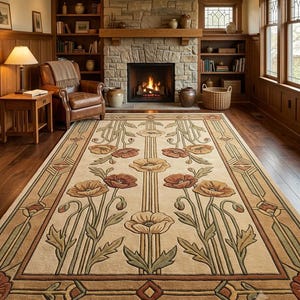 May include: A rectangular area rug featuring a cream-colored background with a symmetrical floral pattern of poppies in shades of rust, orange, and muted green. The design includes vertical lines and geometric borders in brown and tan tones.