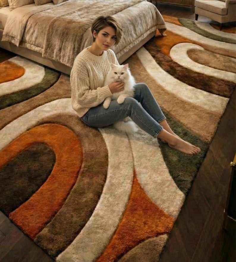 Hand Tufted Abstract Area Rug, Modern Wave Design Silk Wool Rug, Earth ...