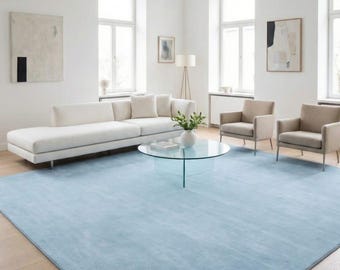 Hand Tufted Powder Blue Wool Rug, Solid Light Blue Plush Carpet for Luxury Living Room, Soft Sky Blue Area Rug Modern