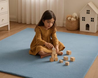 Solid Pastel Blue Hand-Tufted Wool Rug - Soft Minimalist Nursery Carpet - Luxury Plain Sky Blue Area Rug for Kids Room - Custom Size