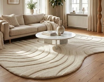 Modern Cream Rug, Abstract Wave Area Rug, Neutral Wool Carpet, Hand Tufted Living Room Rug, Organic Sculpted Floor Decor,  Home Decor rug
