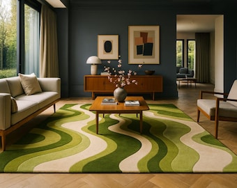 Green Abstract Wave Rug, Modern Wool Floor Covering, Wavy Living Room Carpet, Organic Contemporary Home Decor