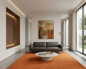 Luxury Solid Wool Rug, Modern Minimalist Area Rug, Rust Orange Carpet, Hand Tufted Premium Living Room Rug, Contemporary Home Decor
