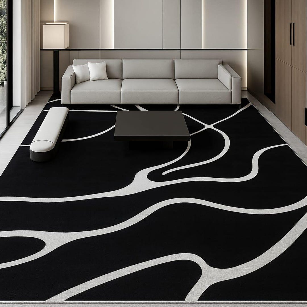 Modern Black White Abstract Area Rug, Minimalist Living Room Carpet ...