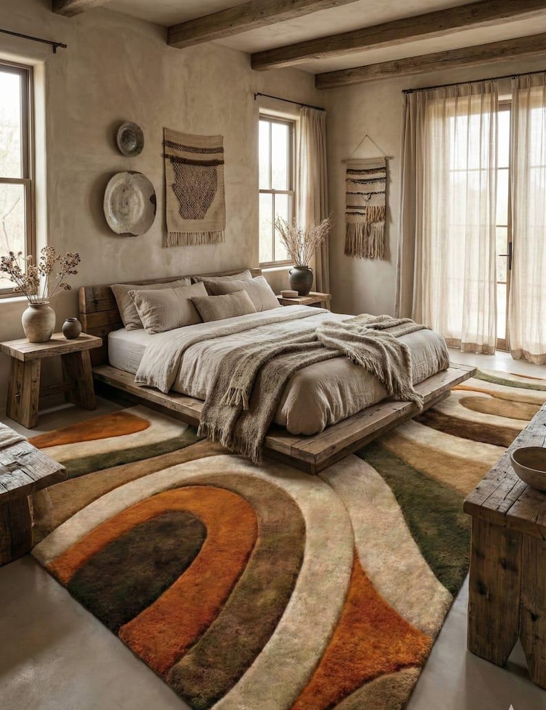 Hand Tufted Abstract Area Rug, Modern Wave Design Silk Wool Rug, Earth ...