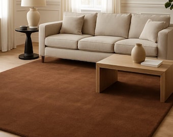 Solid Chocolate Brown Wool Rug, Minimal Earth‑Tone Area Carpet for Neutral Living Room