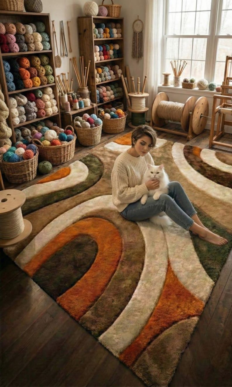 Hand Tufted Abstract Area Rug, Modern Wave Design Silk Wool Rug, Earth ...