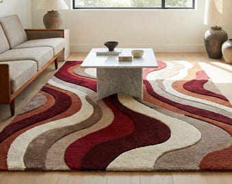 Abstract Wavy Area Rug, Handmade Wool Rug, Modern Wave Pattern Rug, Mid Century Modern Carpet, Living Room Statement Rug