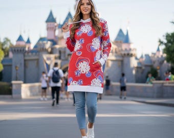 Red Floral Women Hoodie Dress Red Floral Firework Sweatshirt Whimsical Tunic Boho White Flower Sweater Abstract Print Dress Artistic Fashion