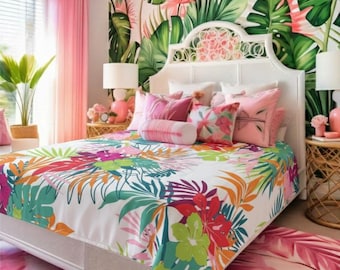 Tropical Floral Velveteen Blanket Vibrant Hawaiian Blanket Bright Botanical Decor Beach House Hawaiian Art Deco Aesthetic Summer Boho Gift