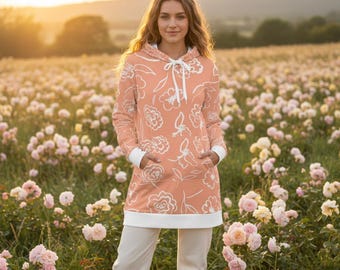 Peach Floral Womens Hoodie Dress Boho Chic Sweatshirt Winter Pullover Spring Fashion Cozy Loungewear Garden Party Aesthetic White Sweater