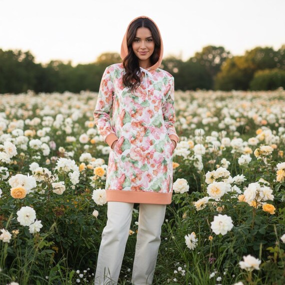 Cozy Floral Hoodie Dress Orange Pastel Sweatshirt Pink Flower Sweater Garden Party Peach Dress Boho Streetwear White Tunic Orange Pullover
