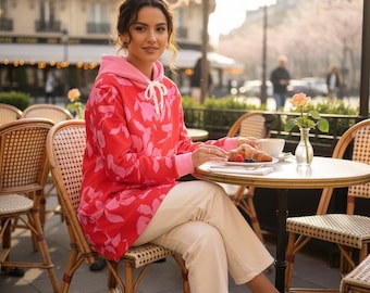 Women Floral Hoodie Red Dress Pink Rose Sweatshirt Spring Fashion Vibratn Summer Dress Casual Mini Dress Garden Party Cozy Chic Pullover Art
