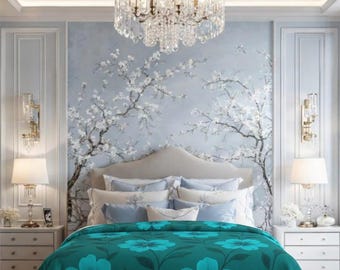 Vibrant Teal Velveteen Plush Blanket Cozy Floral Tropical Blanket Luxury Botanical Home Decor Living Bed Turquoise Boho Flower Bedding Throw