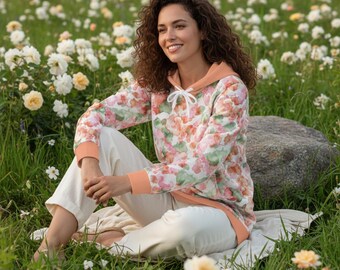 Cozy Floral Hoodie Dress Orange Pastel Sweatshirt Pink Flower Sweater Garden Party Peach Dress Boho Streetwear White Tunic Orange Pullover