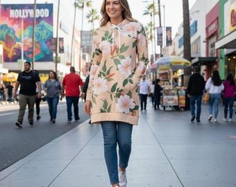 Peach Floral Dress Women's Rose Print Hoodie Botanical Sweatshirt Cozy Spring Dress Cottagecore Fashion Luxury Flower Tunic Peach Sweatshirt