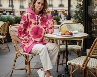 Vibrant Fuchsia Floral Women's Hoodie Dress Casual Pink Spring Dress Perfect Autumn Sweatshirt Stylish Lounging Sweater Unique Gift for Her