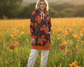 Chique oranje lelies bloemen dames hoodiejurk paars gezellig casual sweatshirt chic comfort herfststijl jurk herfst bloemen mode cadeau voor haar