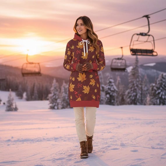 Autumn Burgundy Womens Hoodie Dress Golden Fall Leaves Sweater Red Berries Sweatshirt Boho Cozy Fall Holiday Dress Elegant Seasonal Fashion
