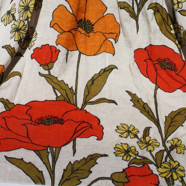 Vintage Curtain Drapes Panels Mid Century 60s 70s Pinch Pleat Pair Lined Floral Poppies Natural Orange Yellow Green Mod Retro Flower Power