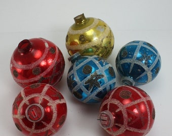 Vintage Mercury Glass Christmas Ornaments Lanissa West Germany Hand Painted Mica Glitter Christmas Holiday Party Tree Trimming Set of 6