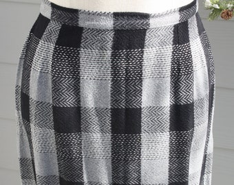 Vintage 1960's Pencil Skirt Plaid Black And Grey Wool Felt Rockabilly Sweater Pinup Girl Bombshell Style