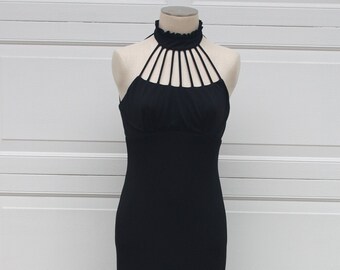 Vintage Black Maxi Dress 70s Empire Evening Sexy Goth Disco Halloween Costume Rockabilly Pinup Bombshell