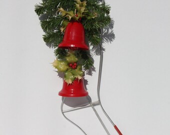 Vintage Red Plastic Bell Metal Sock Stretcher Form Christmas Stocking Greenery Floral Christmas Holiday Door Wall Decor Handcrafted Handmade
