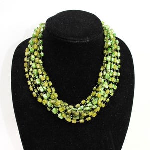 Vintage Multi Strand Necklace Choker 50s 60s Green Hues Rectangular Geometric Lucite Plastic Beads Hong Kong Mid Century Style