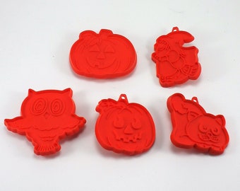 Vintage Halloween Cookie Cutters Ornaments Lot Orange Plastic Hallmark Pumpkin Jack O Lantern Witch Cat Owl Halloween Party Decor 5 Pcs