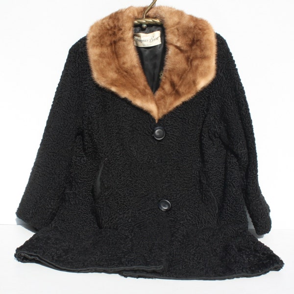 Vintage Black Curly Lamb Coat Mink Collar 60s Famous Barr