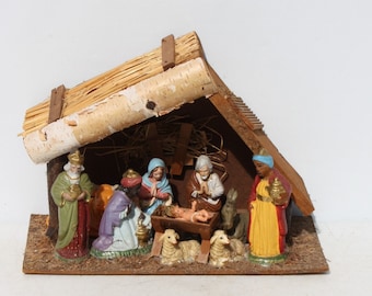 Vintage Christmas Nativity Creche Stable Manger Set - West Western Germany Figurines Wood Stable Religious Christmas Decor