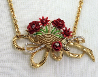 Vintage Red Gold Flower Floral Basket Bow Rhinestone Metal Trifari Assemblage Statement Bib Necklace Handcrafted Gift For Her Mothers Day