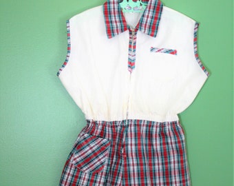 Vintage 60s Children's Toddler Girl Summer Short Jumpsuit Playsuit Overall One Piece Tartan Plaid Zip Front Childs Clothing Cotton Size 6