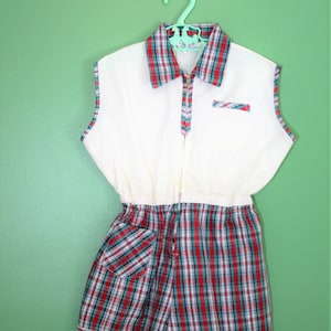Vintage 60s Children&#39;s Toddler Girl Summer Short Jumpsuit Playsuit Overall One Piece Tartan Plaid Zip Front Childs Clothing Cotton Size 6