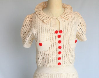 Antique Vintage 30's 40's Deco Cotton Ivory Ecru Crocheted Knit Dress Red Celluloid Buttons Open Work Hand Made Garden Party